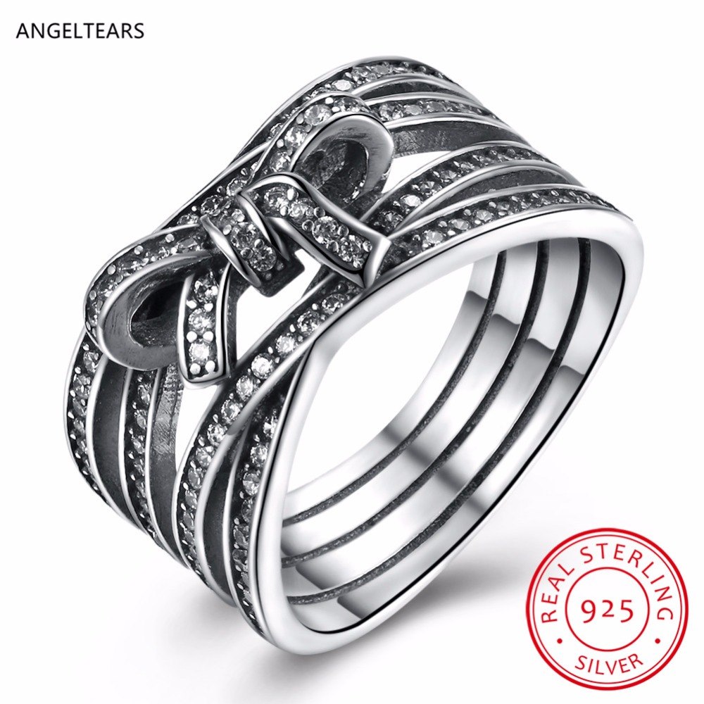 Vintage 925 Sterling Silver Bowknot Finger Ring with Zircon Woman Classic Fine Party Jewelry Birthd gift anel bague