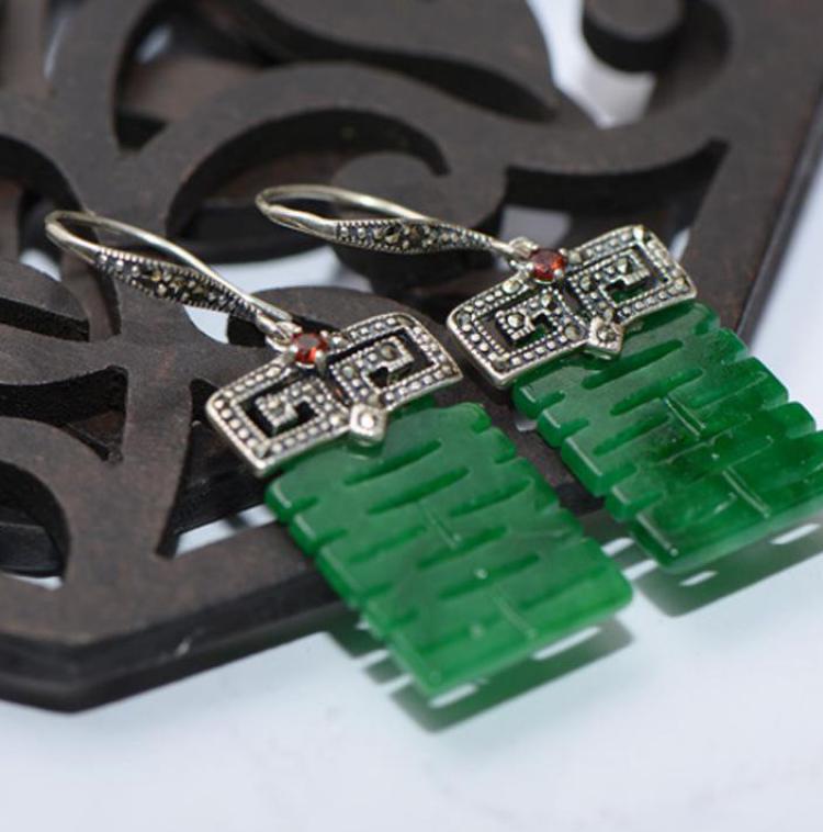 Vintage 925 Sterling Silver Natural Green Jade Drop Earrings For Women With Chinese Word Double Happiness Engraved