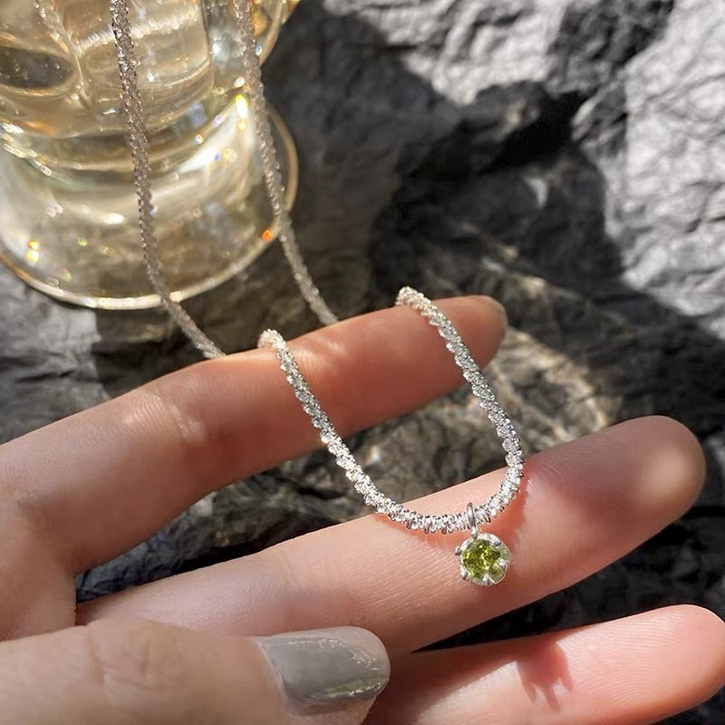 Vintage 925 Sterling Silver Necklace Sparkling Clavicle Chain Green Diamond Gypsophila Pendant Necklace Women's Wedding Jewelry