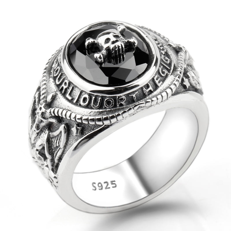 Vintage 925 Sterling Silver Skull Ring Heavy Metal Co Skeleton Biker Punk Rock Men Ring with Black CZ Street Fashion Jewelry