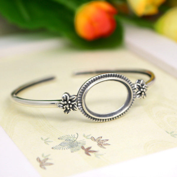 Vintage 925 Sterling Silver Women Party Fine Jewelry Semi Mount Bracelet for 15x20mm Oval Cabochon Amber Agate Setting DIY Stone