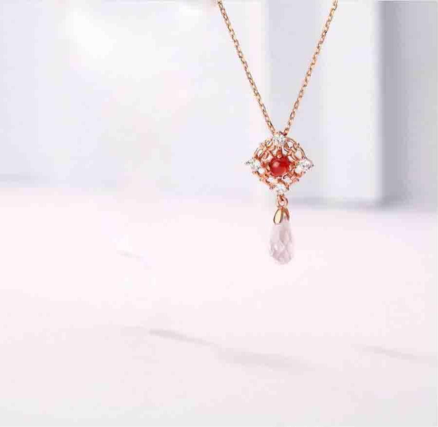 Vintage 925 sterling silver natural garnet rose quartz Chinese knot national wind drop shape necklace jewelry female J0240