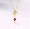 Vintage 925 sterling silver natural garnet rose quartz Chinese knot national wind drop shape necklace jewelry female J0240