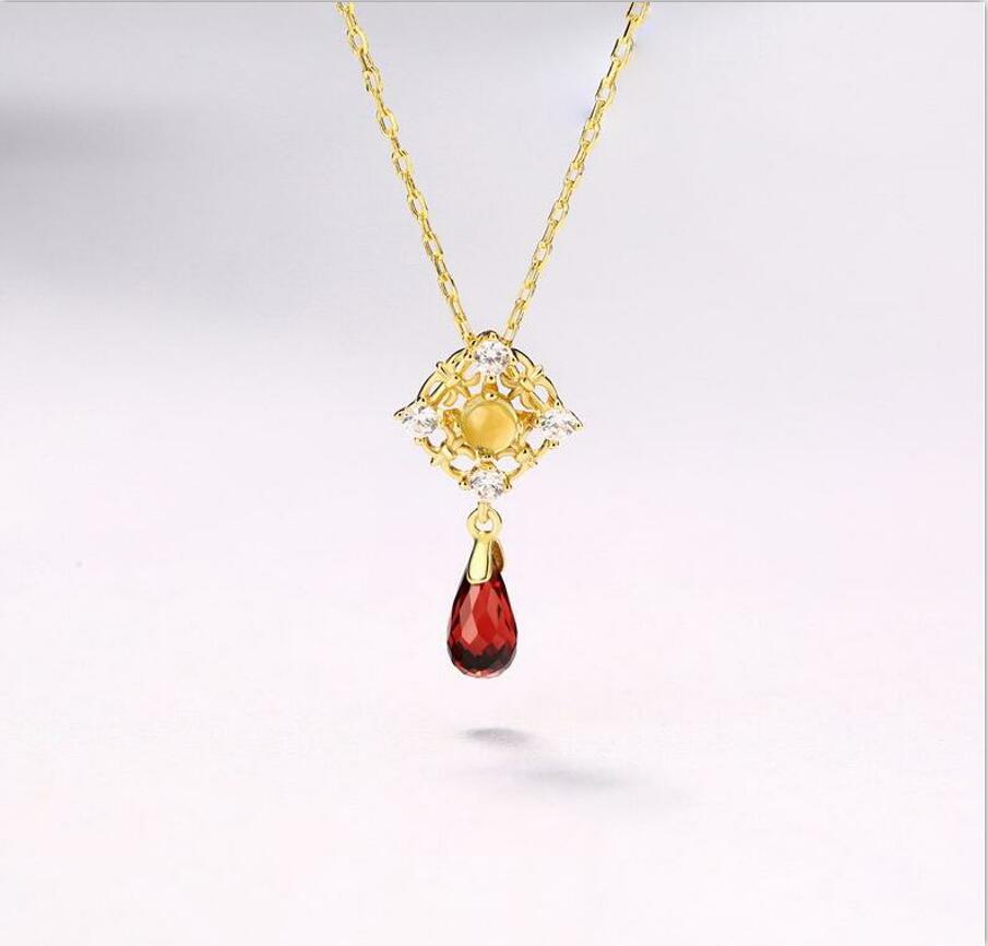 Vintage 925 sterling silver natural garnet rose quartz Chinese knot national wind drop shape necklace jewelry female J0240
