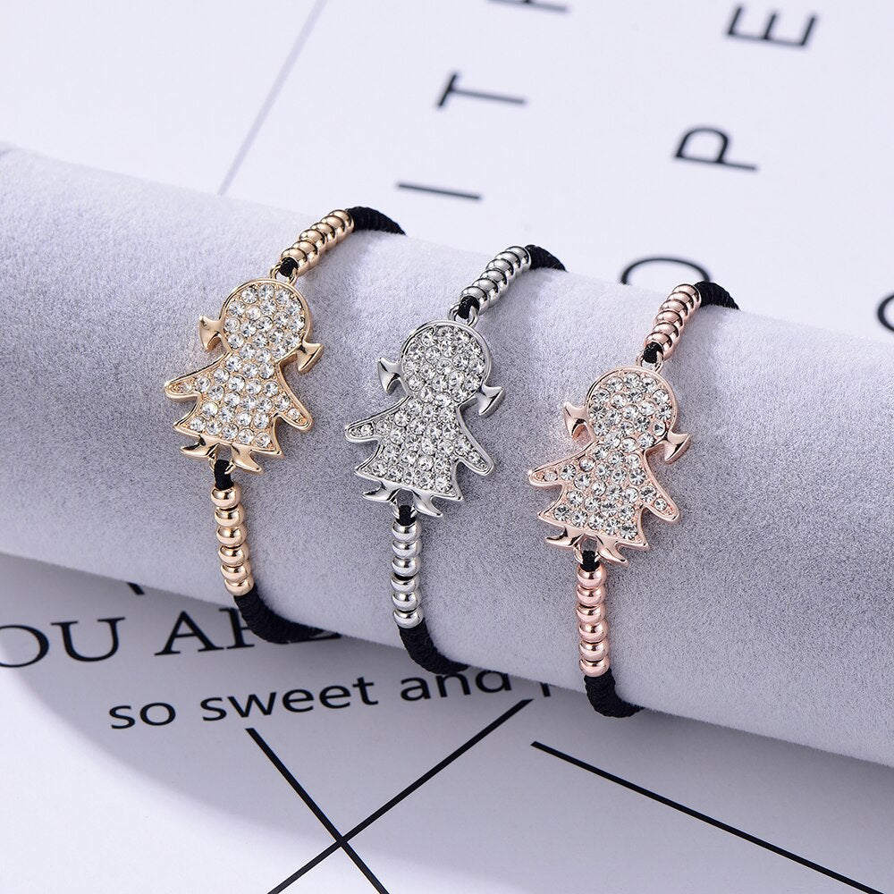 Vintage Adjustable Handmade Bracelet For Girl Gold/Silvery/Rose Crystal Cute Girl Braided Rope Chain Bracelet For Women Jewelry