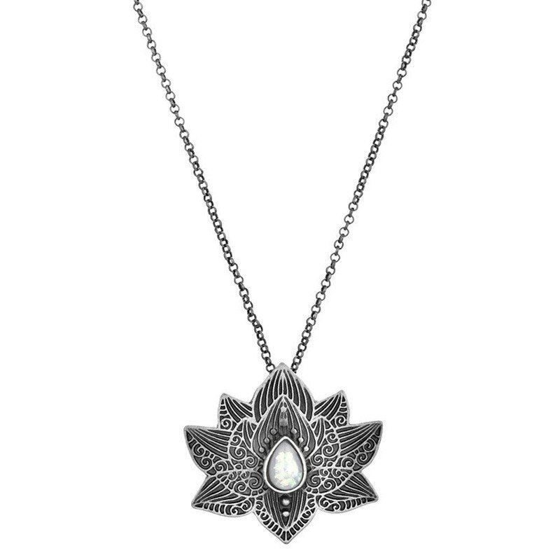 Vintage Alloy Mandala Lotus Flower Pendant Necklaces For Women Charm Leather Chain Amulet Yoga Jewelry