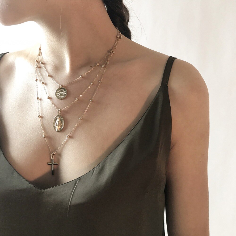 Vintage Alloy Round Pendant Three Layers Cross Pendant Necklace Set Women Jewelry Gift #263892