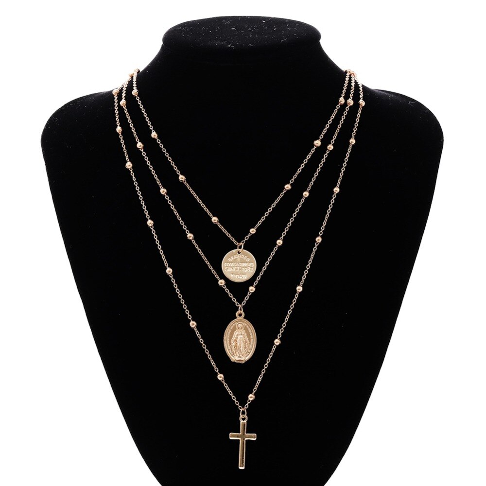 Vintage Alloy Round Pendant Three Layers Cross Pendant Necklace Set Women Jewelry Gift #263892