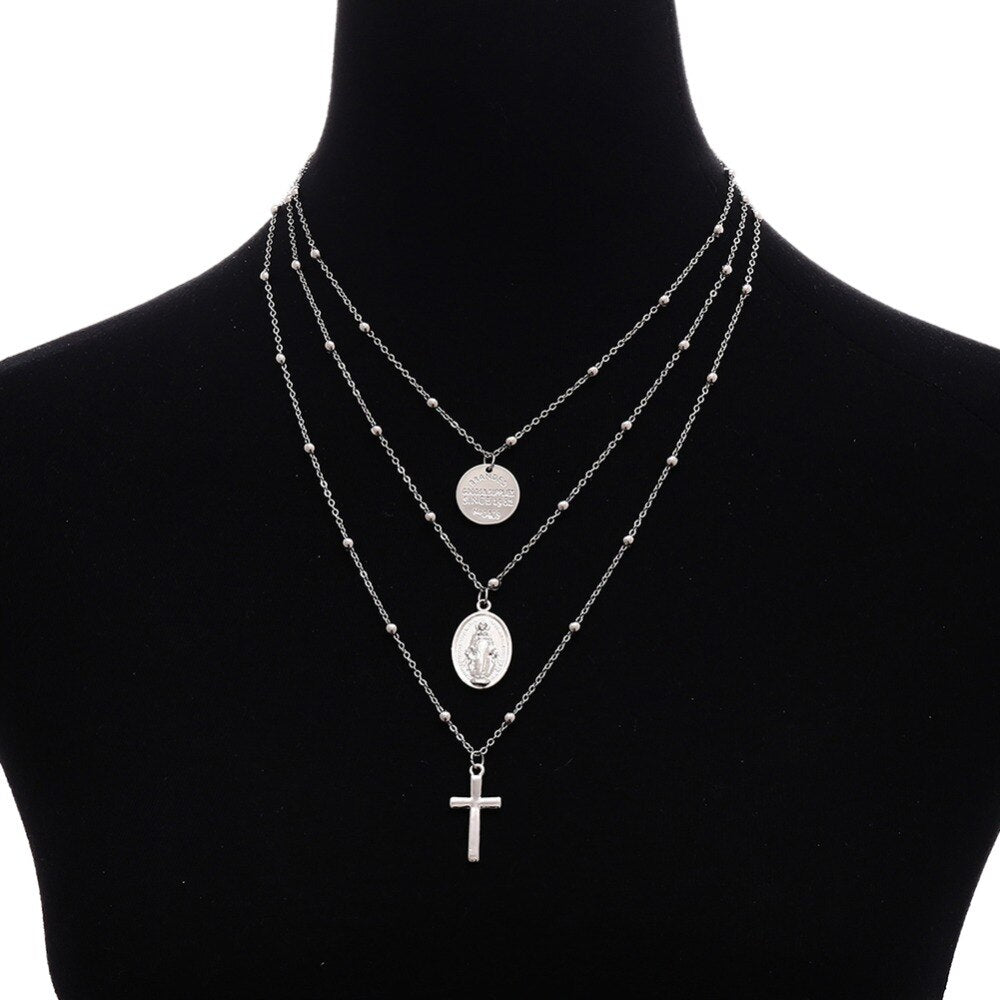 Vintage Alloy Round Pendant Three Layers Cross Pendant Necklace Set Women Jewelry Gift #263892
