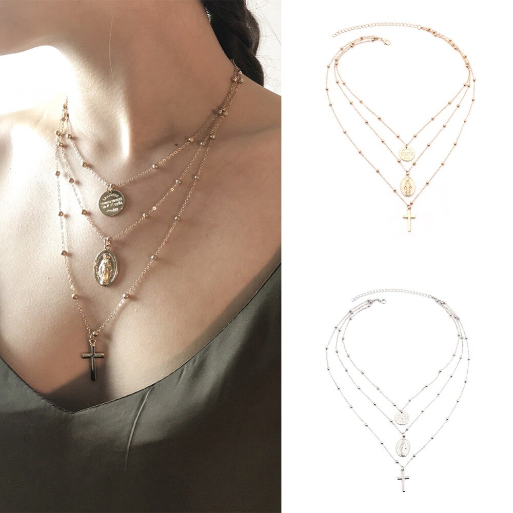 Vintage Alloy Round Pendant Three Layers Cross Pendant Necklace Set Women Jewelry Gift #263892