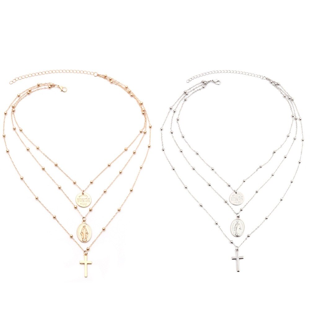 Vintage Alloy Round Pendant Three Layers Cross Pendant Necklace Set Women Jewelry Gift #263892