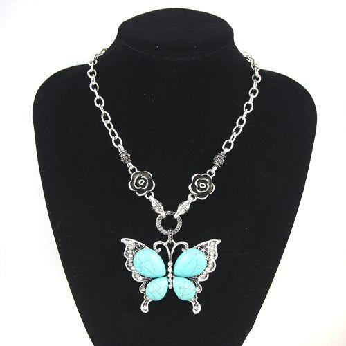 Vintage Big Butterfly Necklace Pendant Blue Stone Silver Chain Necklace with Stone Long Pendant Necklaces for Women nkek37