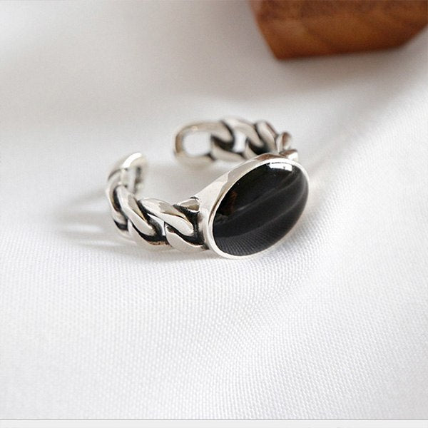 Vintage Black Epoxy Chain Finger Rings for Women Genuine 925 Sterling Silver Opening Adjustable Ring Fine Jewelry