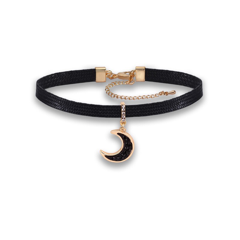 Vintage Black Leather Choker Necklace Clavicle Chain for Women Short Rhinestone Moon Pendant Necklaces Jewelry Bijoux Femme