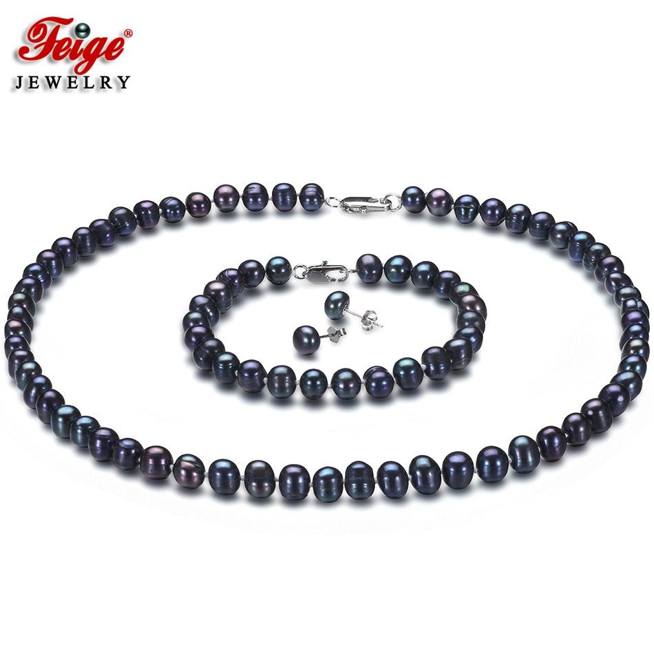 Vintage Black Pearl Necklace Jewelry Sets for Women Party Jewelry Gifts 7-8MM Pearl 925 Silver Stud Earring Set FEIGE