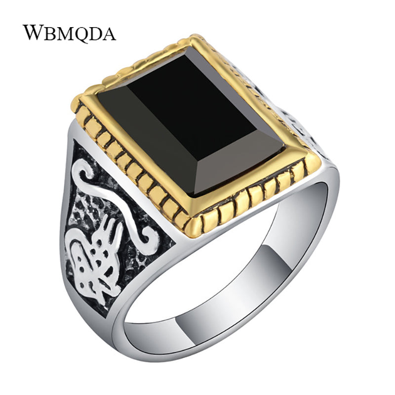 Vintage Black Rectangular Stone Signet Ring Men Accessories Antique Gold Silver Wedding Rings Ethnic Tibetan Turkish Jewelry