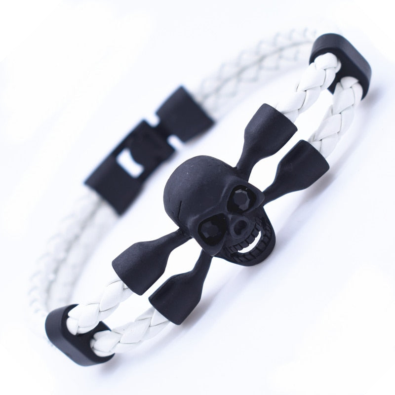 Vintage Black Skull Bracelets Bangles Hand Made Top Quality Length 210mm Leather Bracelet Skeleton Charm Bracelet Men Jewelry