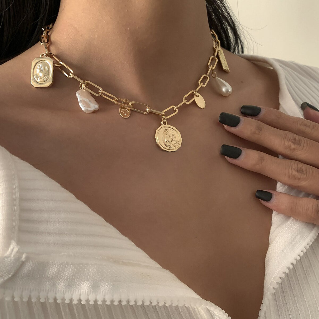 Vintage Bohemia Gold Coin Layered Chain Necklace For Women Irregular Pearl Sqaure Long Choker Collar Pendant Necklace