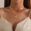 Vintage Bohemia Gold Coin letter Layered Chain Necklace For Women Shell Pearl Moon Long Choker Collar Pendant butterfly Necklace