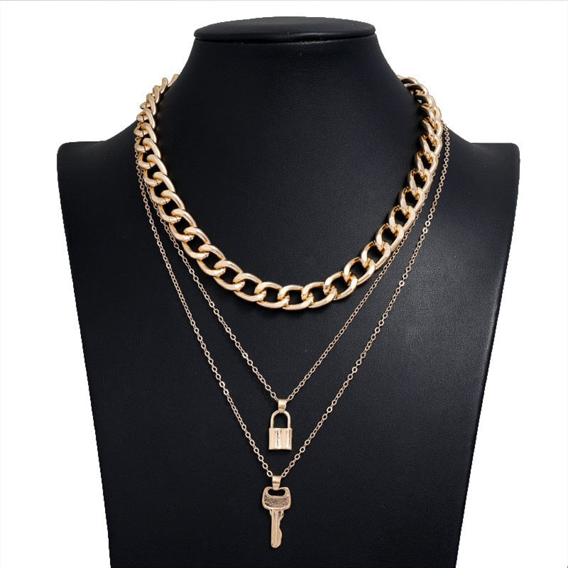Vintage Bohemian Multilayer Ladies Necklace For Women Gold Chain Key Lock Pendant Long Chain Necklace Jewelry Trends New