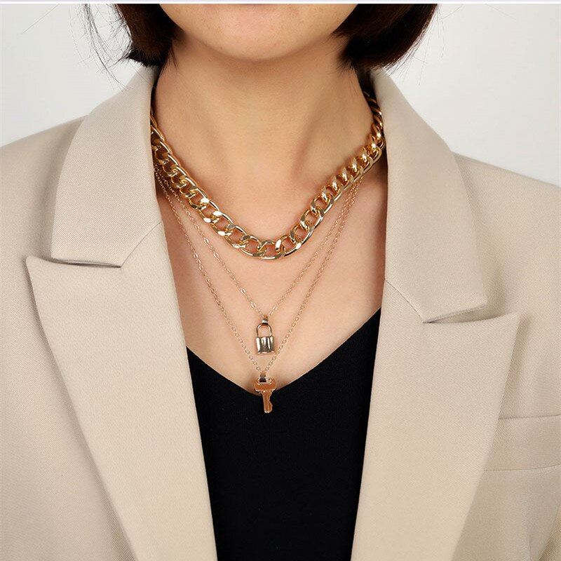Vintage Bohemian Multilayer Ladies Necklace For Women Gold Chain Key Lock Pendant Long Chain Necklace Jewelry Trends New