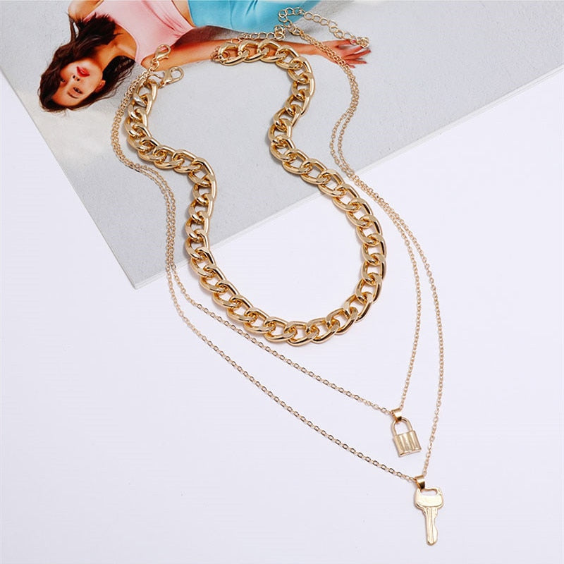 Vintage Bohemian Multilayer Ladies Necklace For Women Gold Chain Key Lock Pendant Long Chain Necklace Jewelry Trends New