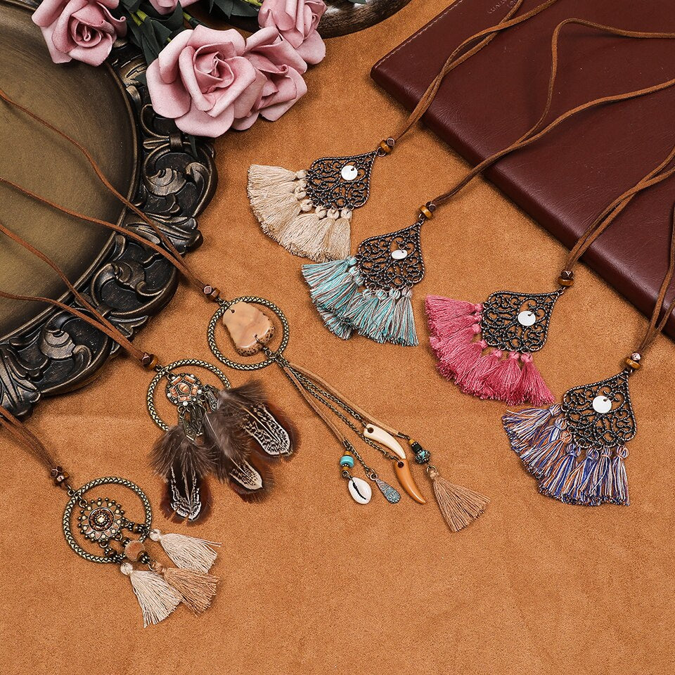 Vintage Boho Gypsy Ethinic Tassel Pendant Necklace for Women Female 2021 Winter Sweater Chain