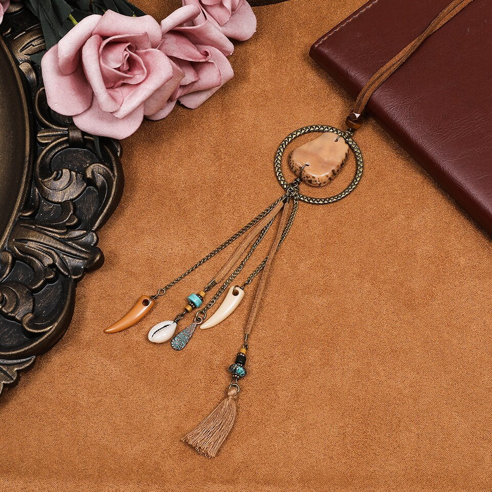 Vintage Boho Gypsy Ethinic Tassel Pendant Necklace for Women Female 2021 Winter Sweater Chain