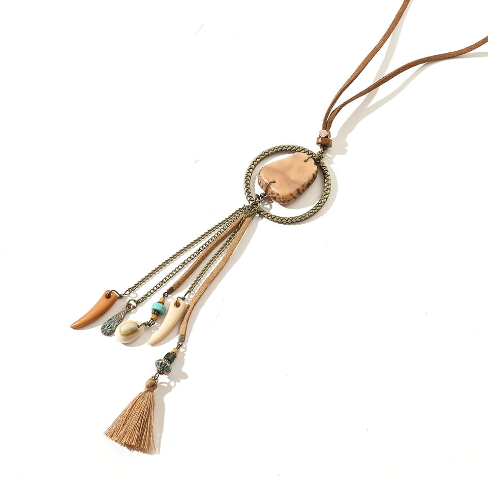 Vintage Boho Gypsy Ethinic Tassel Pendant Necklace for Women Female 2021 Winter Sweater Chain
