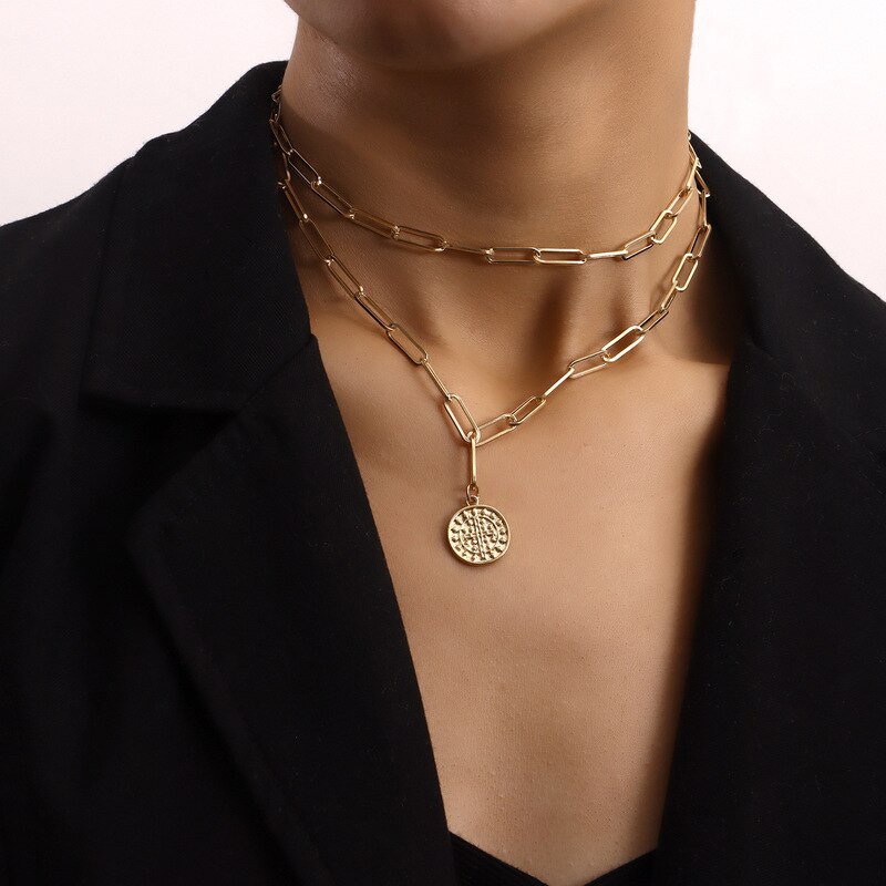 Vintage Boho Metal Choker Round Coin Pendant Chunky Chain Necklace for Women Hip Hop Gold Color Collar Jewelry Gift