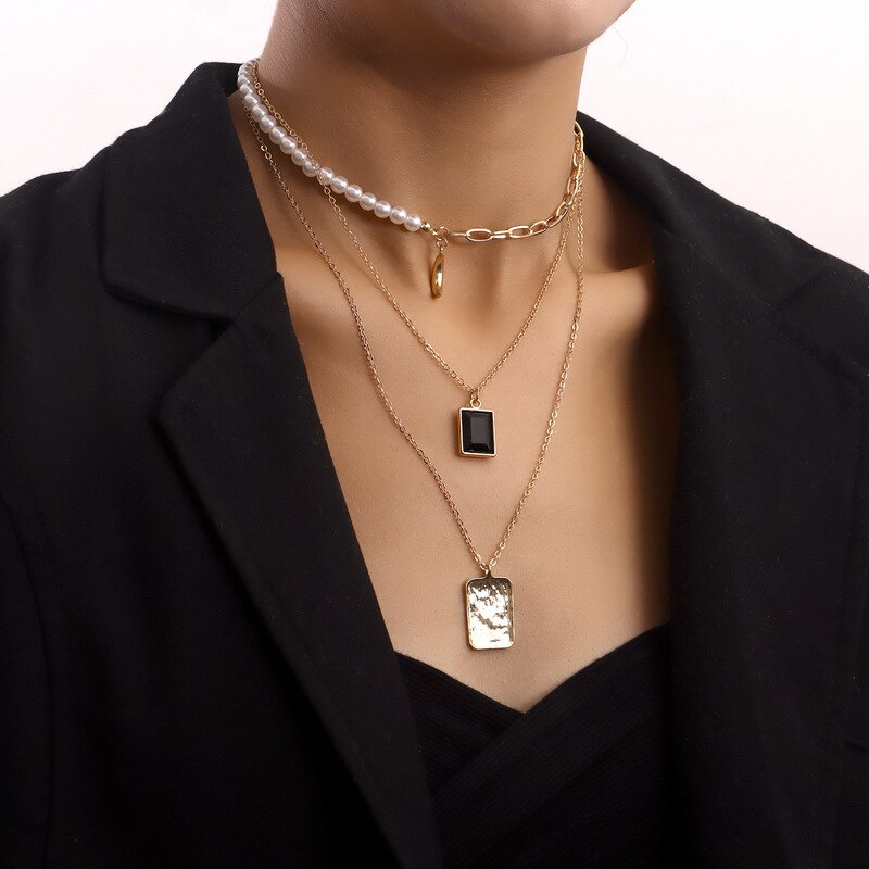 Vintage Boho Multilayer Pearl Choker Square Pendant Chain Necklace for Women Girl Hip Hop Gold Color Collar Party Jewelry Gift