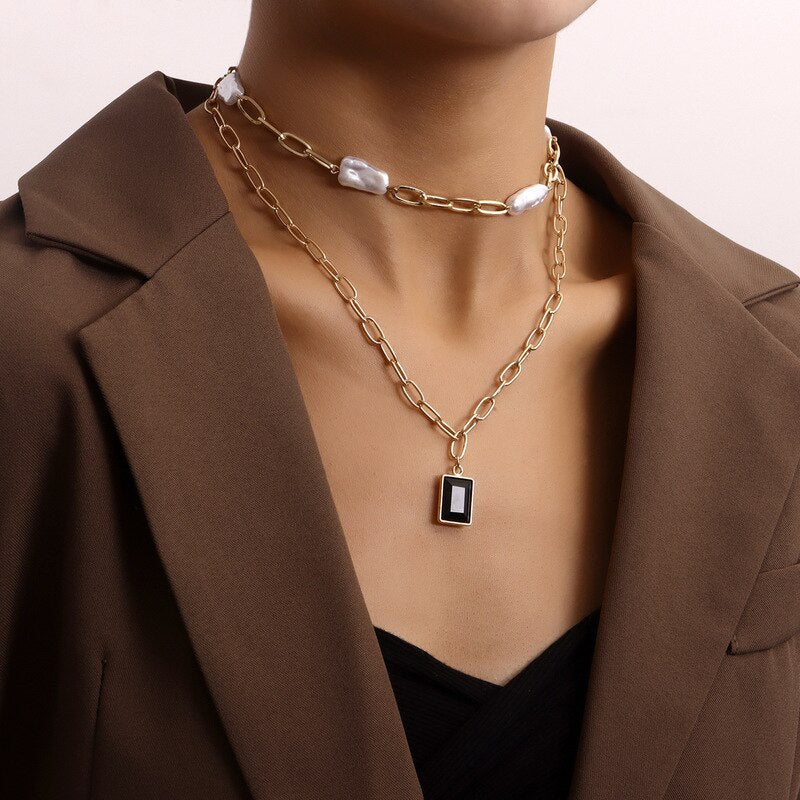 Vintage Boho Multilayer Pearl Choker Square Pendant Chain Necklace for Women Girl Hip Hop Gold Color Collar Party Jewelry Gift