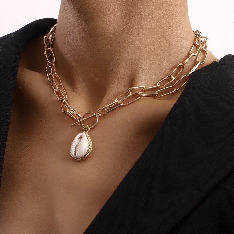 Vintage Boho Multilayer Shell Choker Pendant Chunky Chain Necklace for Women Girl Hip Hop Gold Color Collar Party Jewelry Gift