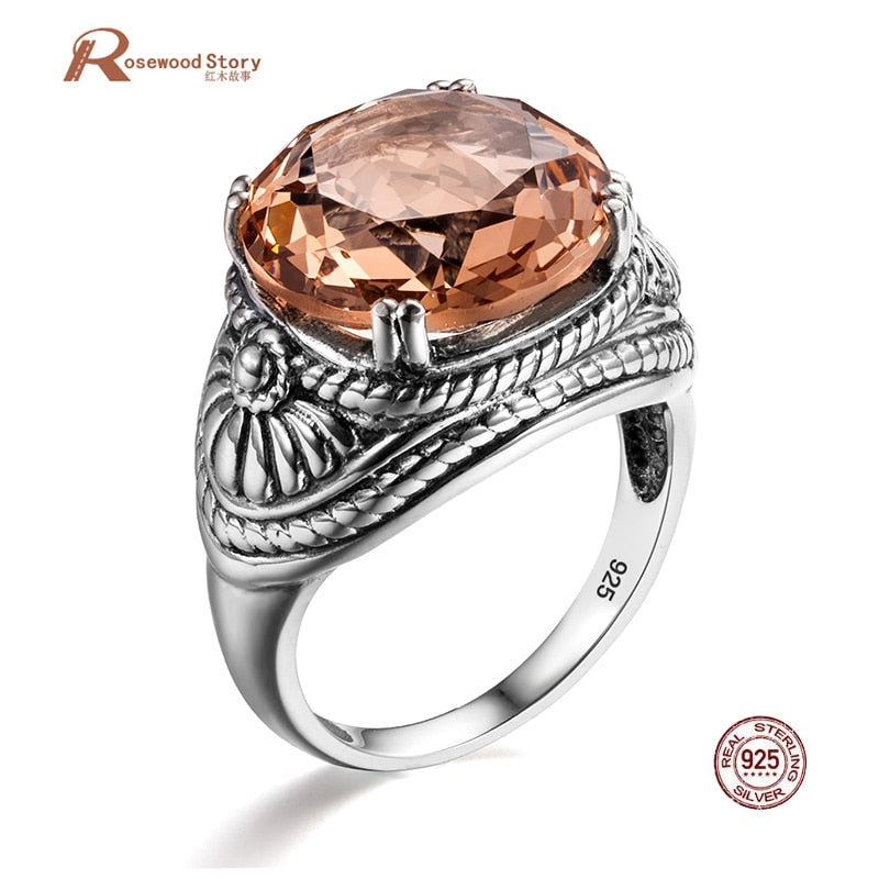 Vintage Brown Amber Stone Ring Austrian Crystal Female Cocktail Ring For Wife Anniversary Day's Gift 925 Sterling Silver Jewelry