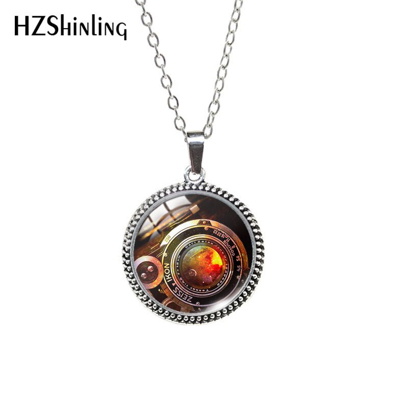 Vintage Camera Pattern SAntique Necklace Round Glass Cabochon Retro Pendants Jewelry