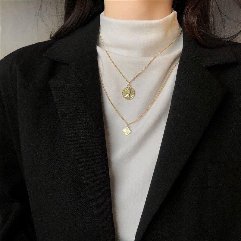 Vintage Carved Coin Necklace for Women Gold Color Figur Medallion Pendant Long Necklaces Bohemia Jewelry