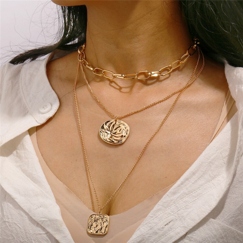Vintage Carved Coin Thick Chain OT Buckle Necklace Bohemian Punk Metal Coin Collar Choker Necklace  Women Punk Jewelry