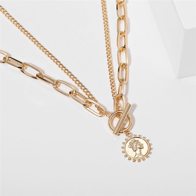 Vintage Carved Coin Thick Chain OT Buckle Necklace Bohemian Punk Metal Coin Collar Choker Necklace  Women Punk Jewelry
