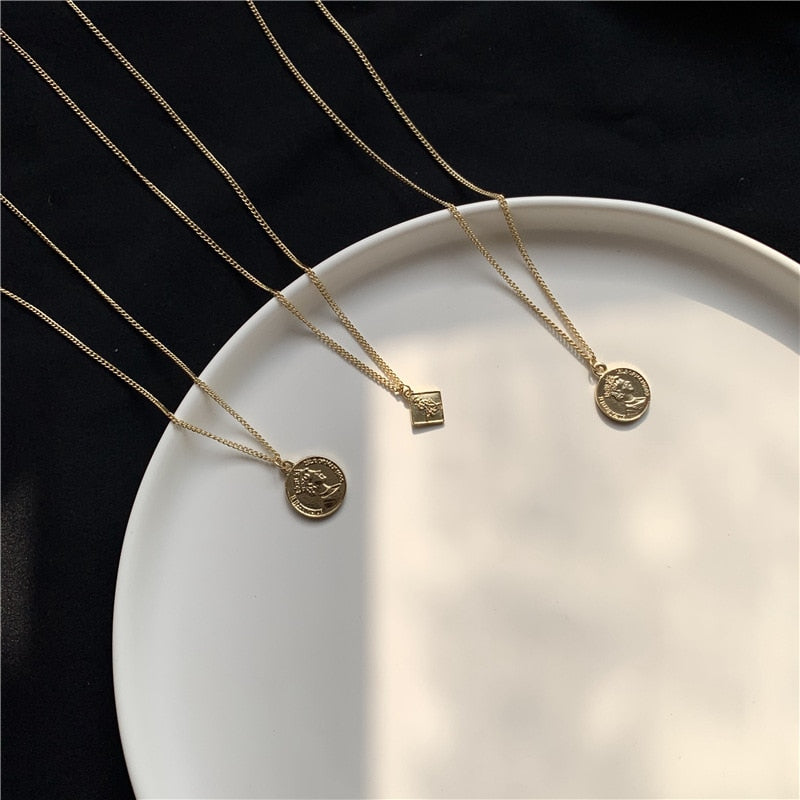 Vintage Carved Gold Coin Necklace for Women Bohemian Round Coins Pendant Necklaces Boho Jewelry Statement Necklaces