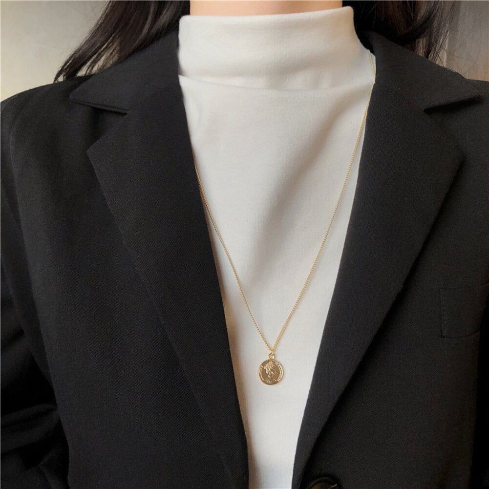 Vintage Carved Gold Coin Necklace for Women Bohemian Round Coins Pendant Necklaces Boho Jewelry Statement Necklaces