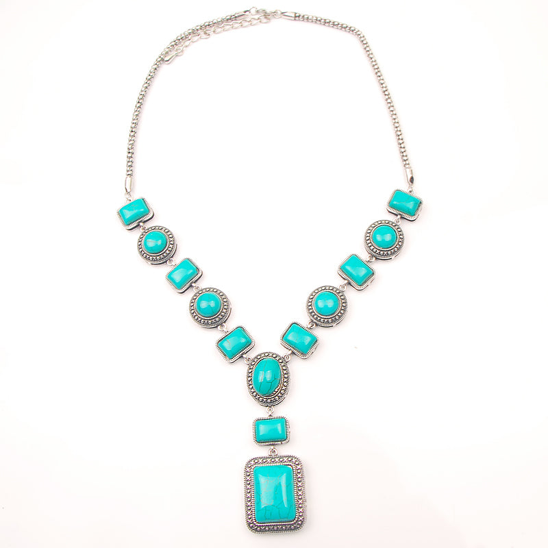 Vintage Chain Green Stone Tribal Necklaces Geometric Tibetan Silver Pendant for Women Jewelry Statement Necklaces