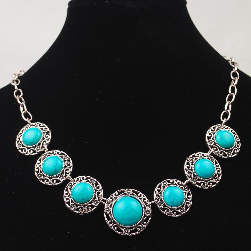 Vintage Chain Hollow Round Green Stone Necklaces & Pendant Tibetan Silver Collar Choker Statement Necklace Women