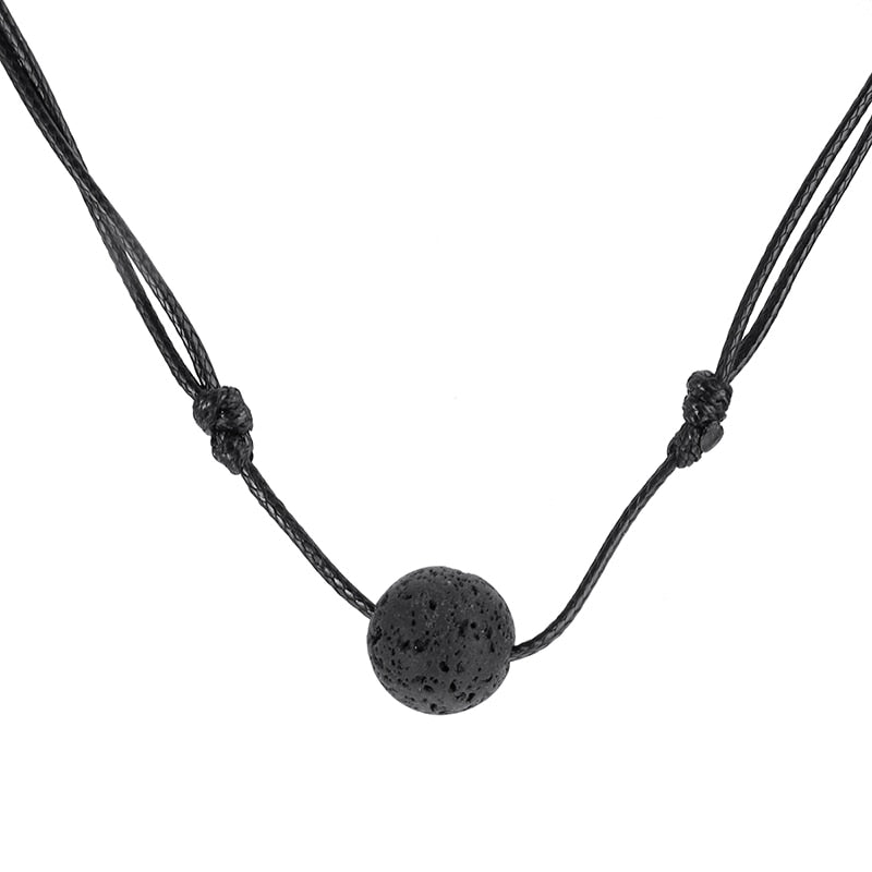 Vintage Charms Black Lava Stone Necklace Leather Chain Men Women Statement Rock Essential Oil Diffuser Short Chain Jewelry