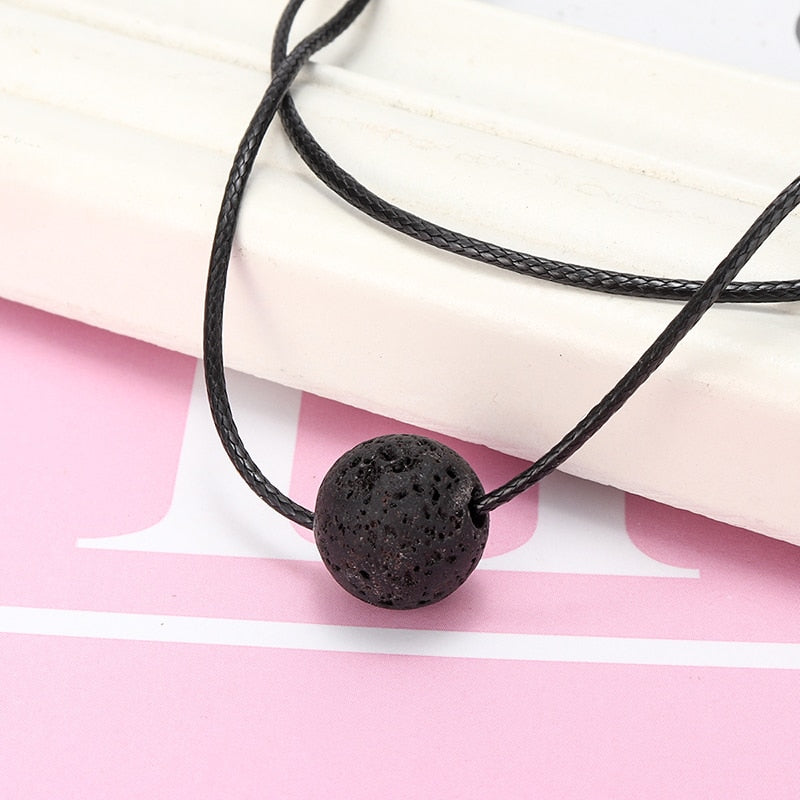 Vintage Charms Black Lava Stone Necklace Leather Chain Men Women Statement Rock Essential Oil Diffuser Short Chain Jewelry