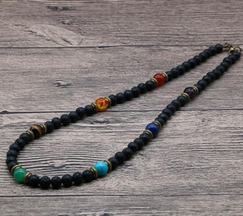 Vintage Choker Chakra Necklace Charm 6mm Natural Lava Stone Necklace Men Boy Short Necklace Male Casual Jewelry Husband Pulseras