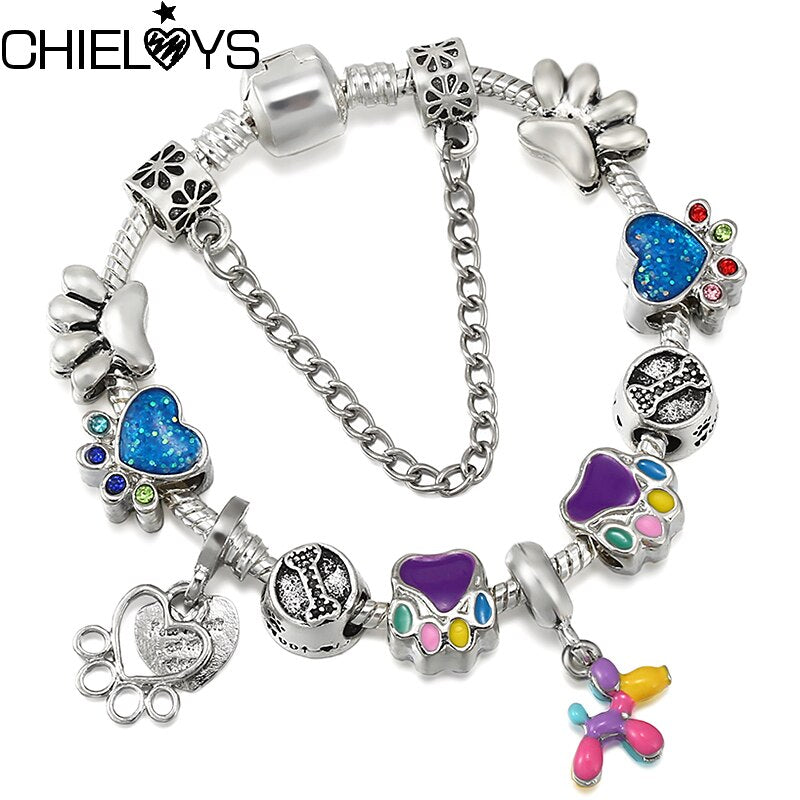 Vintage Colorful Crystal Dog & Paw Beads Charm Bracelet With  DIY Brand Bracelets Jewelry Gift For Women Kids