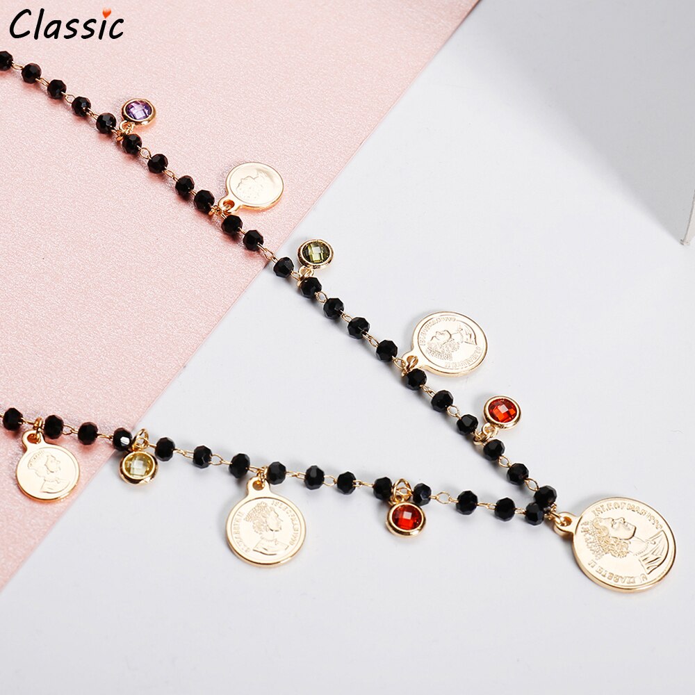 Vintage Colorful Cubic Zircon Queen Portrait Round Coins Pendant Necklace For Women Black Beads Choker Necklace Jewelry Gift