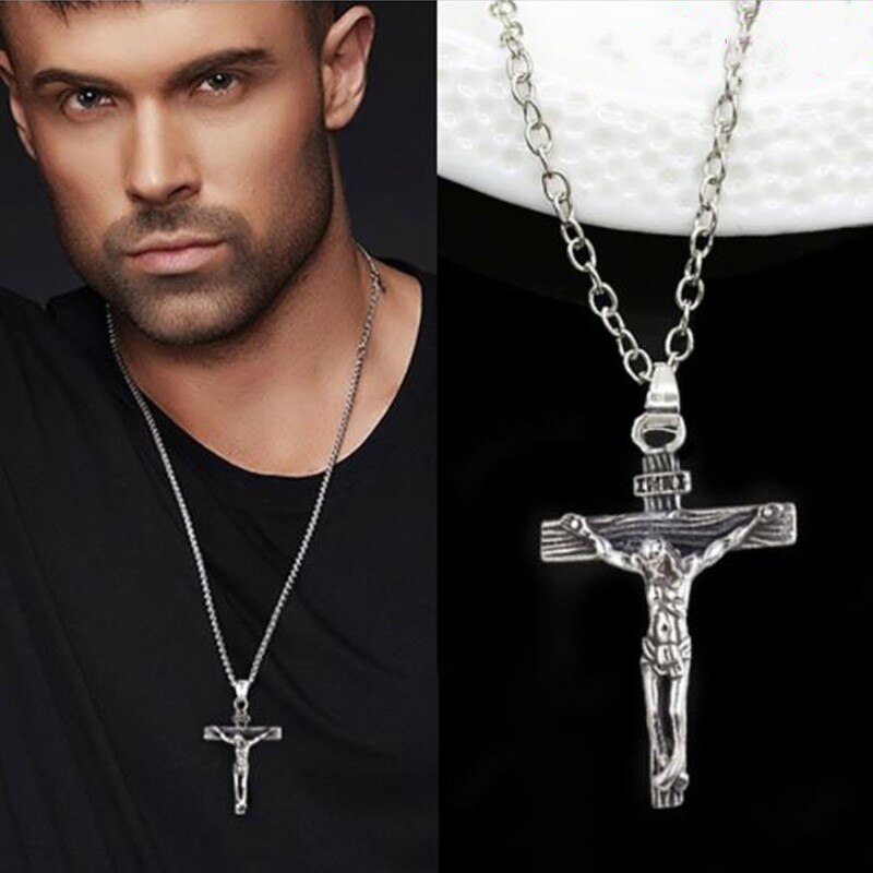 Vintage Cross Necklace For Men Big Jesus Pendant With Long Chain Silver Color Crucifix Necklaces Male Religious Jewelr