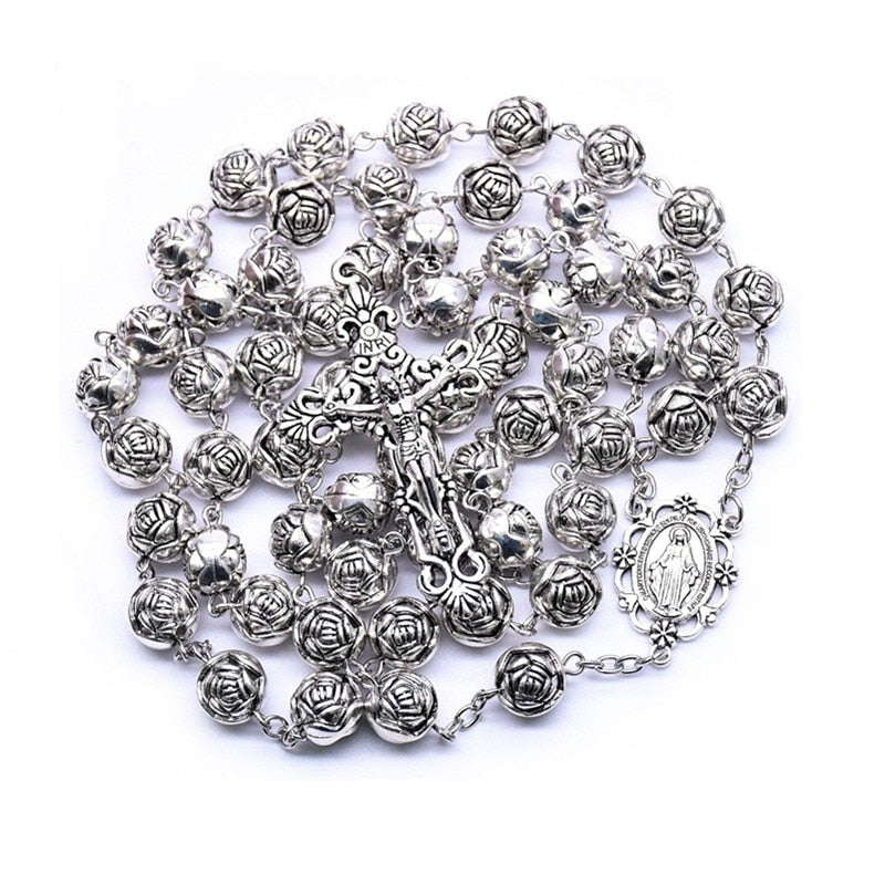 Vintage Cross Women Rosary Necklace Accessories Rose Flower Religious Necklace For Wedding Ladies