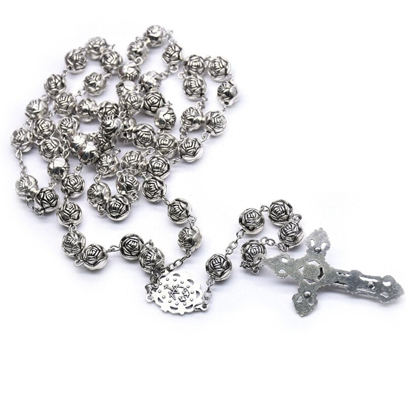 Vintage Cross Women Rosary Necklace Accessories Rose Flower Religious Necklace For Wedding Ladies